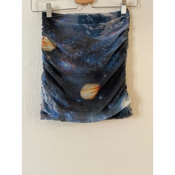 Urban Outfitters UO Liza Ruched Mini Skirt XS Black Blue Galaxy Celestial Planet - Picture 7 of 13